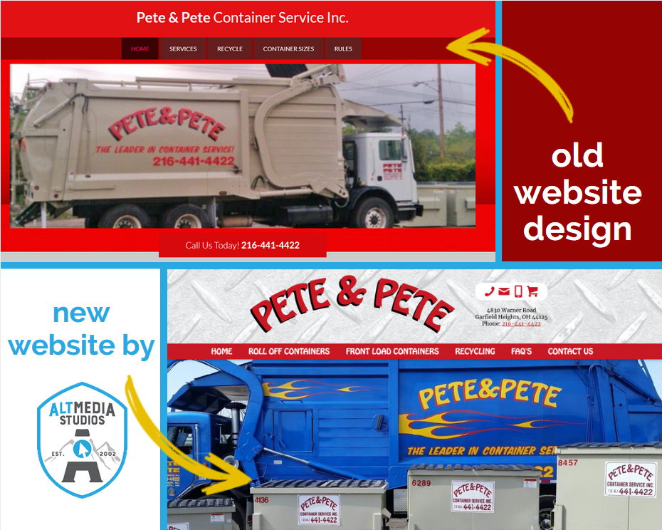 Before and After images of Pete and Pete's custom web design by Alt Media Studios